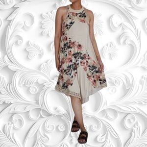 NWOT Tan Floral Lace Sleeveless Dress With Asymmetrical Hem
